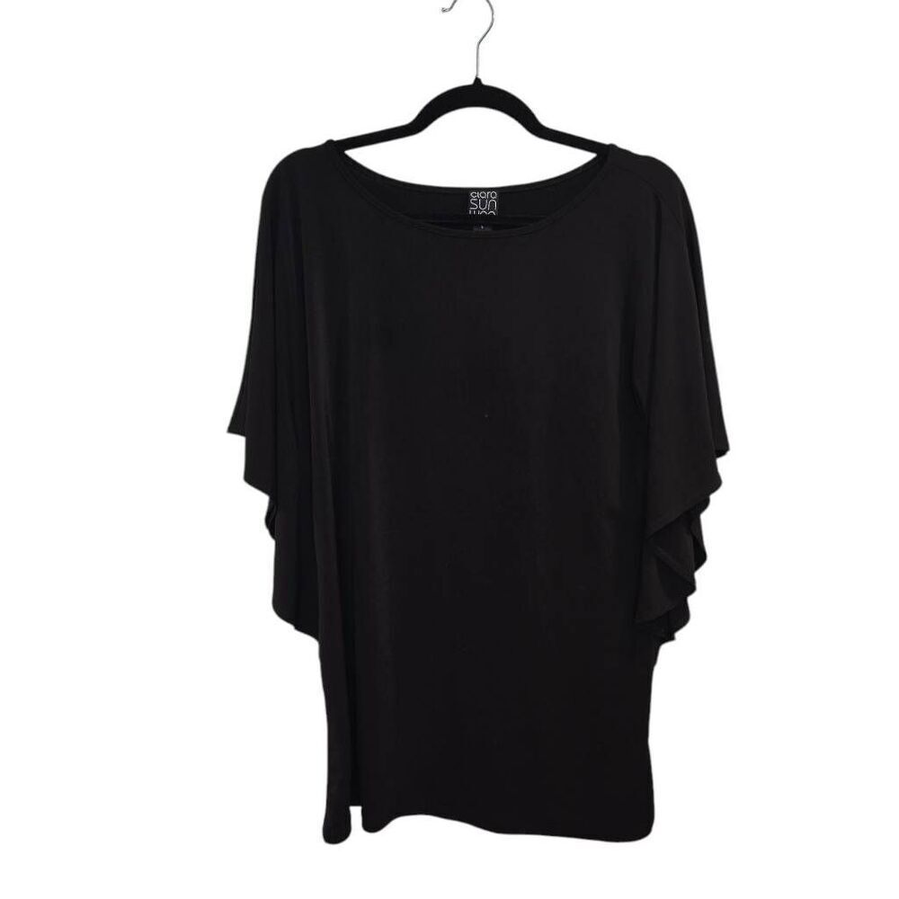 Clara Sun Woo Top Women's Small Black Batwing Flutter Sleeve Round Neck Stretch